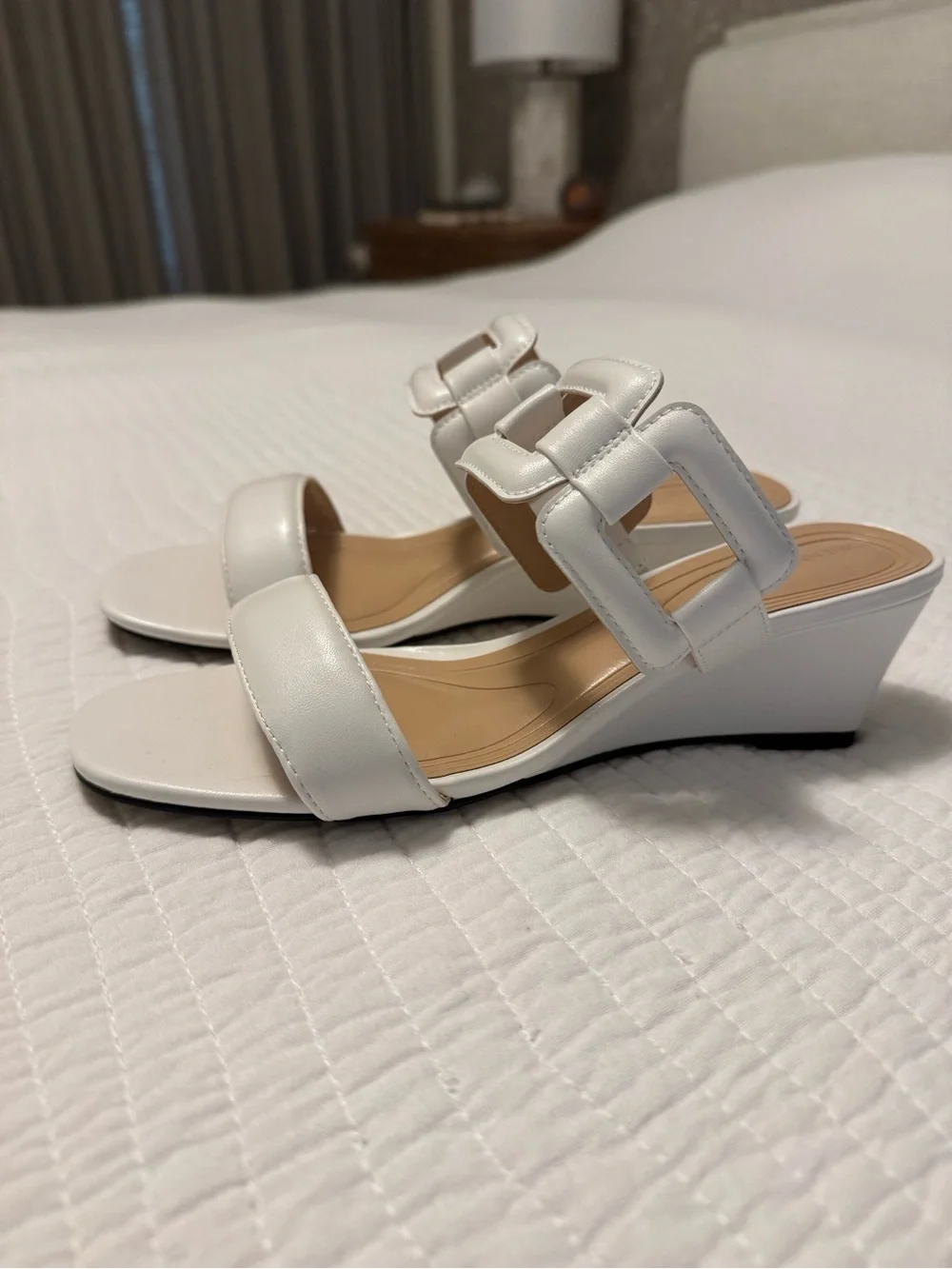 Adrienne Vittadini White Wedge Slide Sandals with Buckle Straps